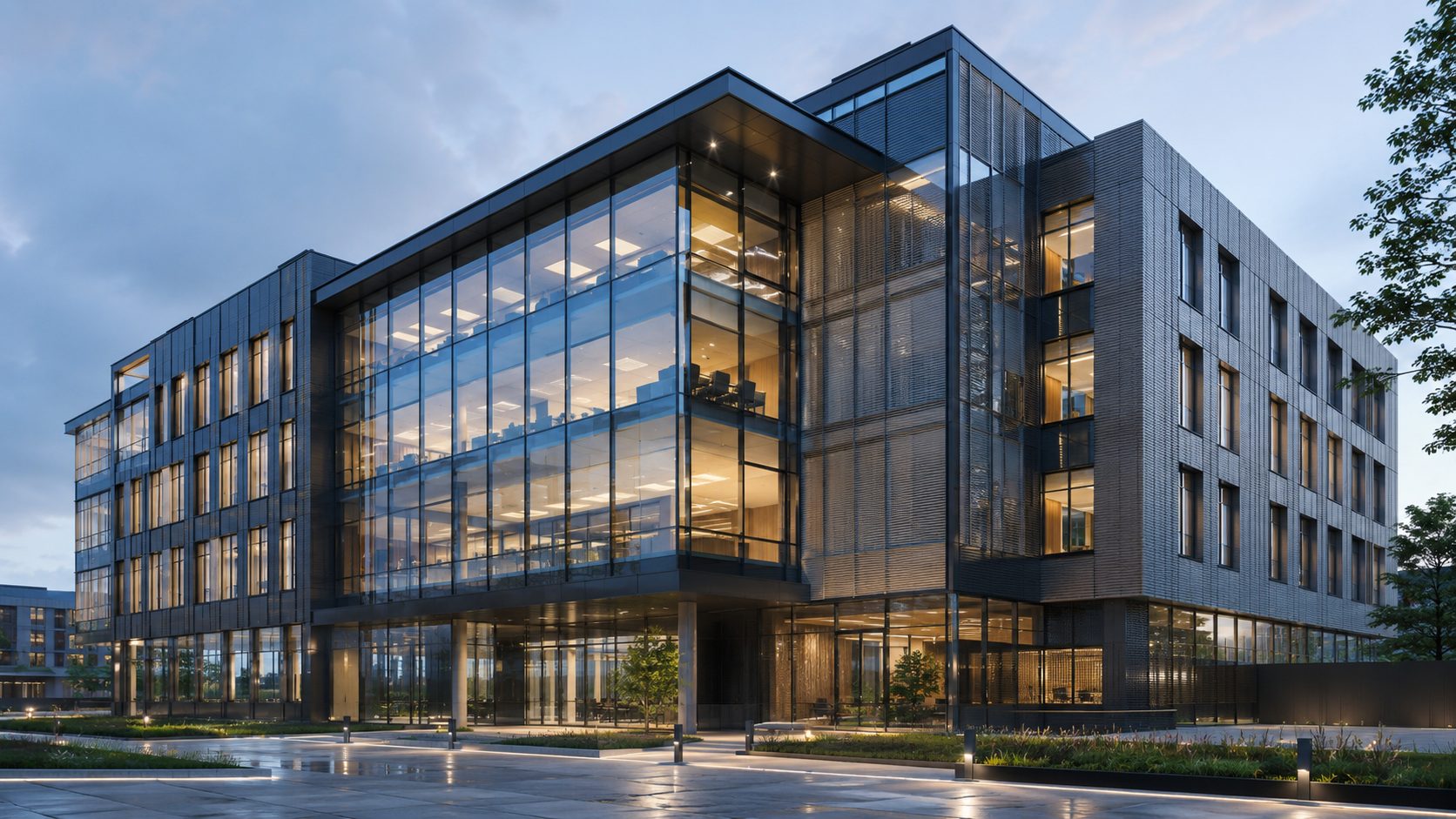 Glazed office façade and curtain wall at dusk