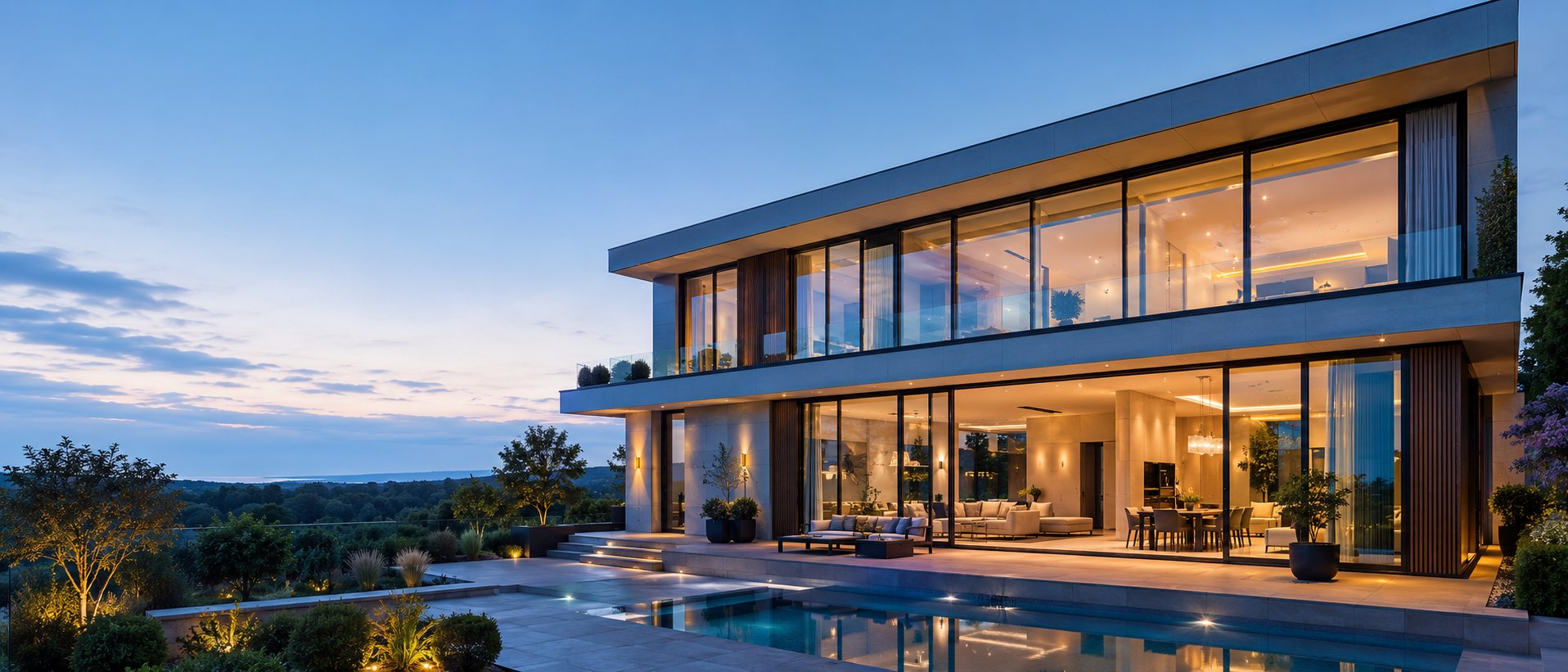 Contemporary two-storey house at dusk with full-height glazing, sliding terrace doors and glass balustrades overlooking a valley