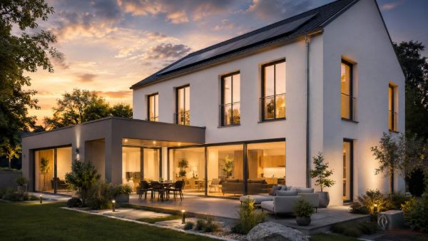 Private house with large glazed openings at dusk