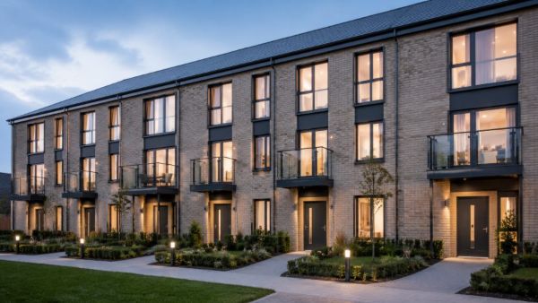 Residential terrace development at dusk